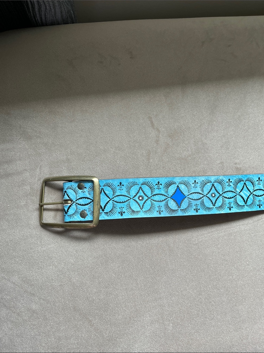 Turquoise Tooled Leather Belt with Brass Buckle